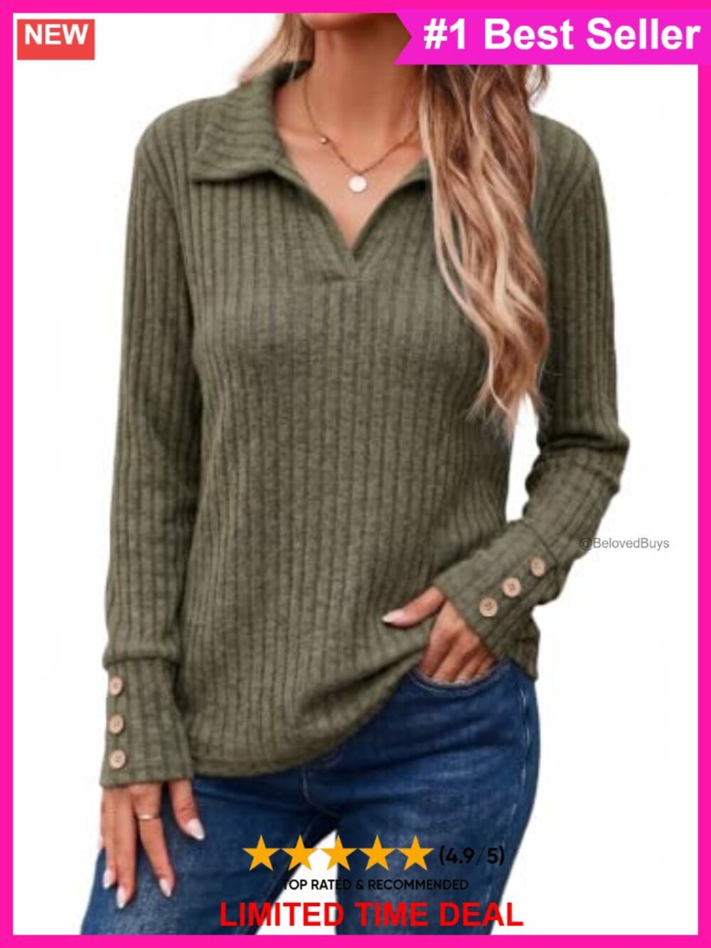 Women's Long Sleeve Polo Collared V Neck Ribbed Knit Sweater Business Casual
